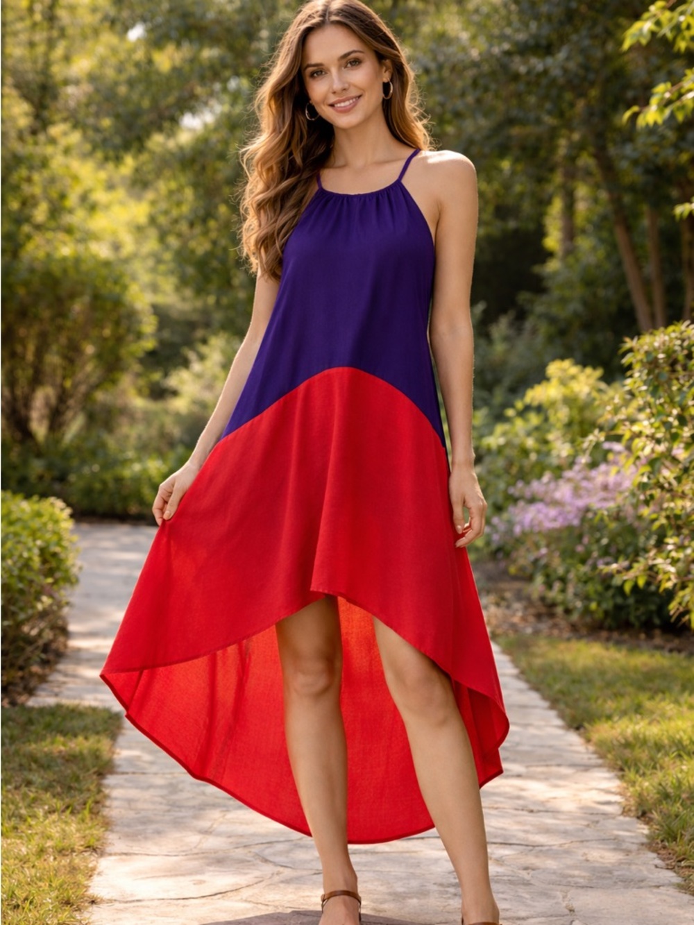 Eight Sixty Sz S Asymmetrical Hem High Low Red & Purple Colorblock Halter Dress